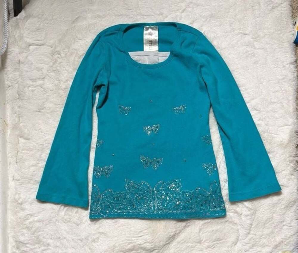 Beautees Teal Butterfly Rhinestone Bell Sleeve Top